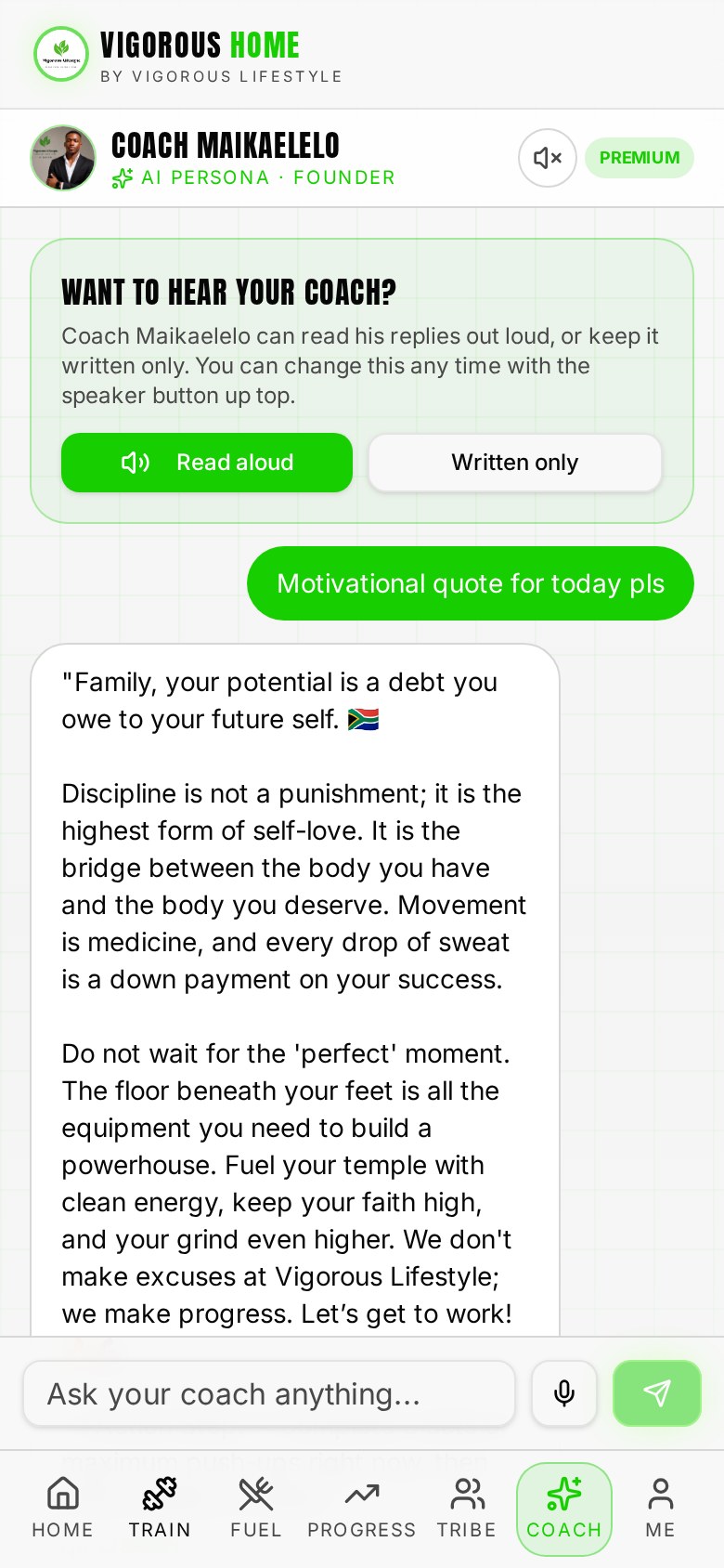 Vigorous Home app AI Coach screen