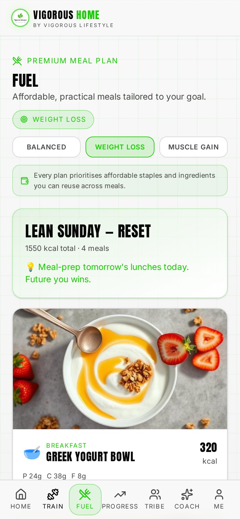 Vigorous Home app Meal plans screen